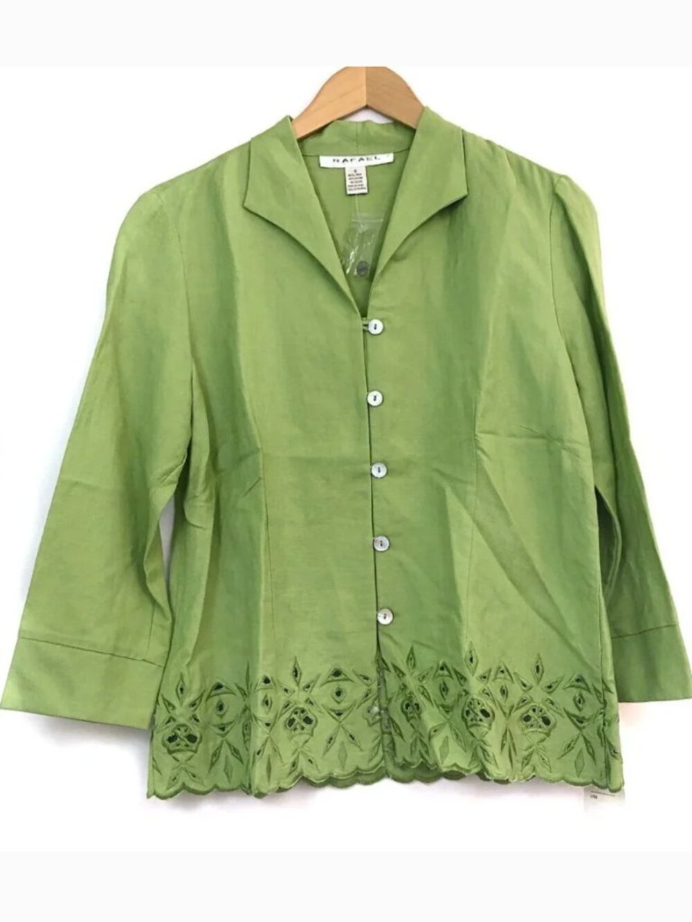 NEW NWT RAFAEL Green Embroidered Eyelet 3/4 Sleeve Linen Blend Button Down Shirt